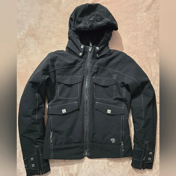 Mountain Hardwear Soft Shell Utility Moto Hooded Bomber jacket Coat black cozy S - Picture 1 of 15